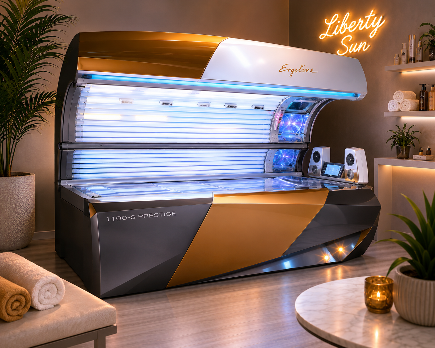 Ergoline Prestige 1100-S, cabine de bronzage à coque dorée